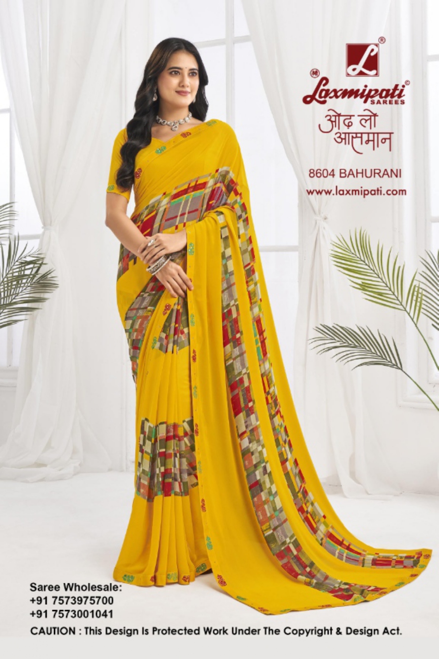 Bahurani 8604 Laxmipati saree – Yellow Multi Checks Border Saree