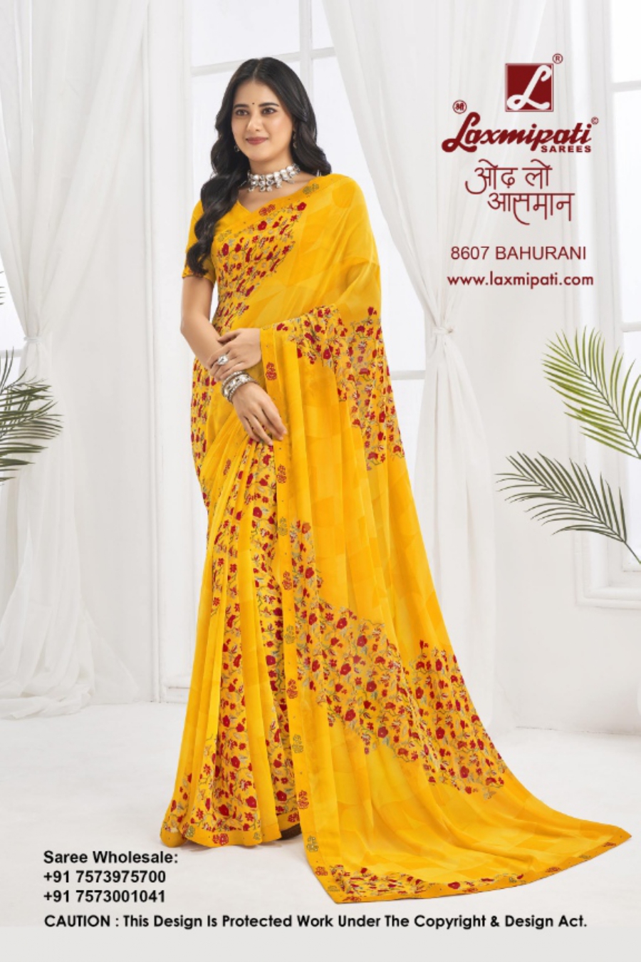 Bahurani 8607 Laxmipati saree – Yellow Floral Scatter Printed Saree