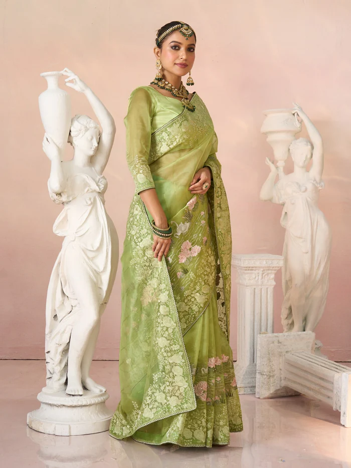 Laxmipati Kesaar Bhog N-2951 NADIYA Green Organza Embroidery Saree