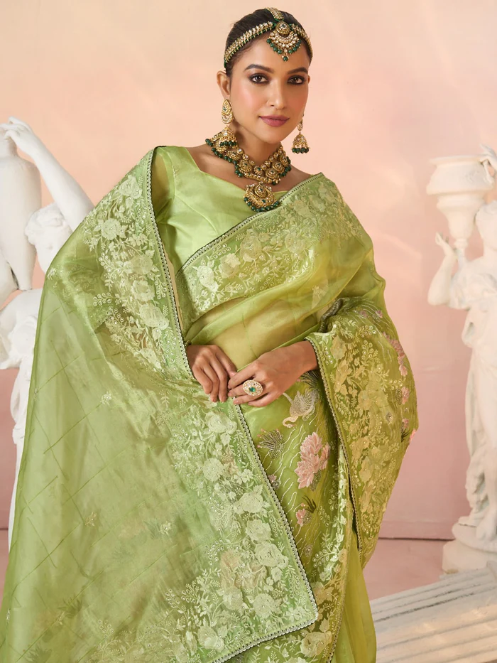 Laxmipati Kesaar Bhog N-2951 NADIYA Green Organza Embroidery Saree