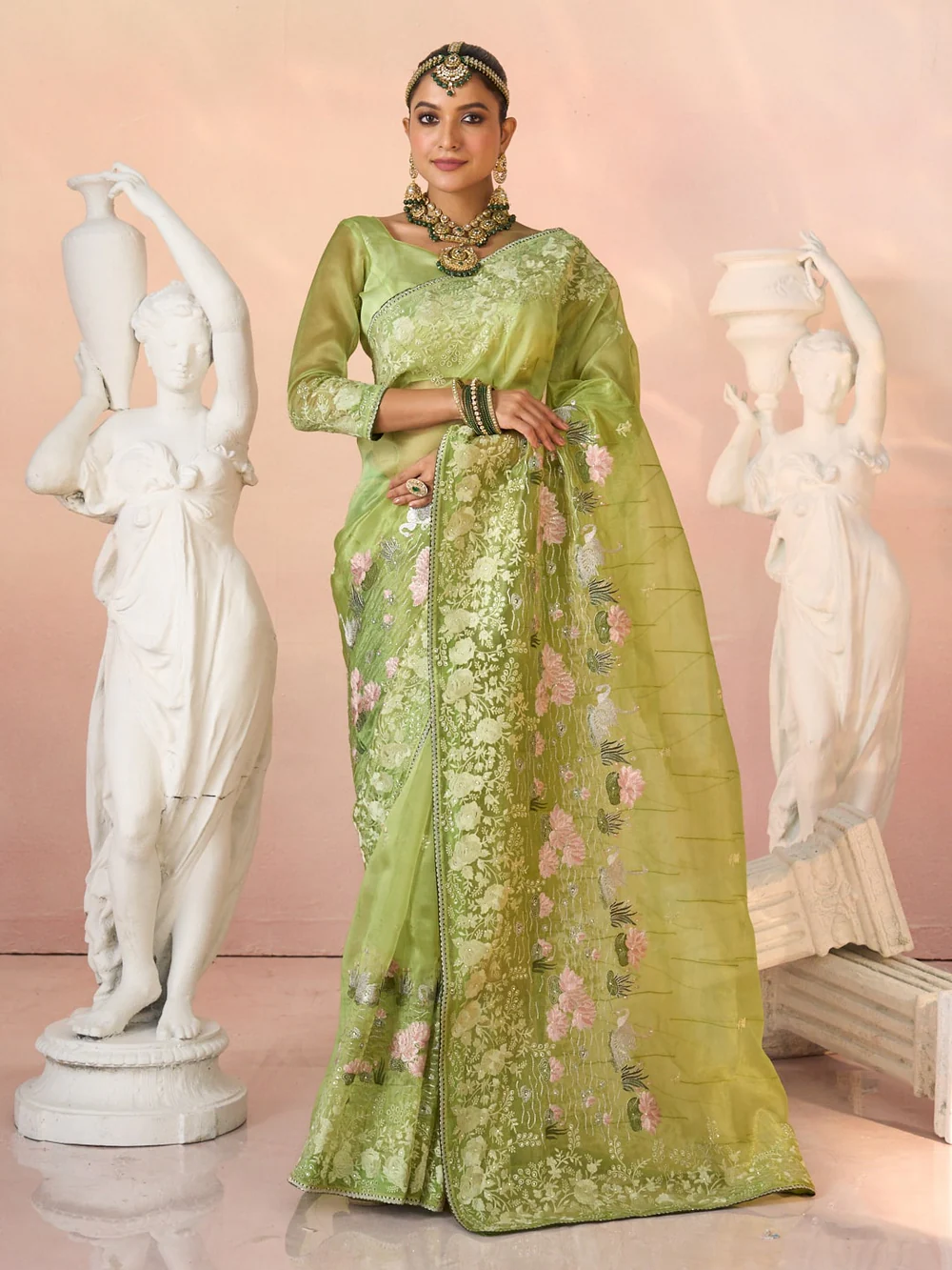 Laxmipati Kesaar Bhog N-2951 NADIYA Green Organza Embroidery Saree